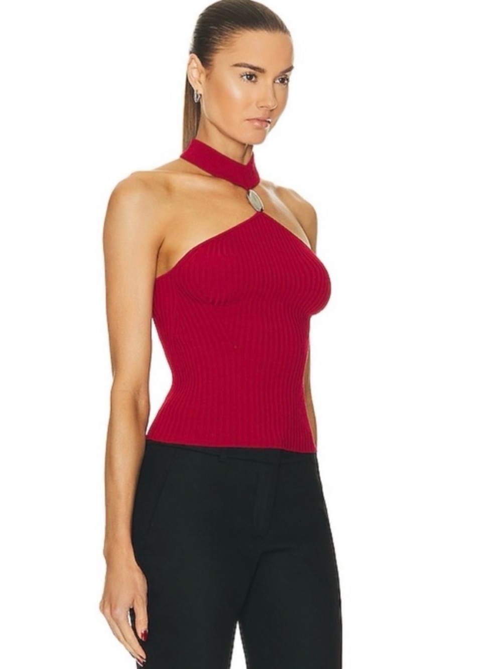 Ribbed Halter Tank Top with Neck Ring in Red